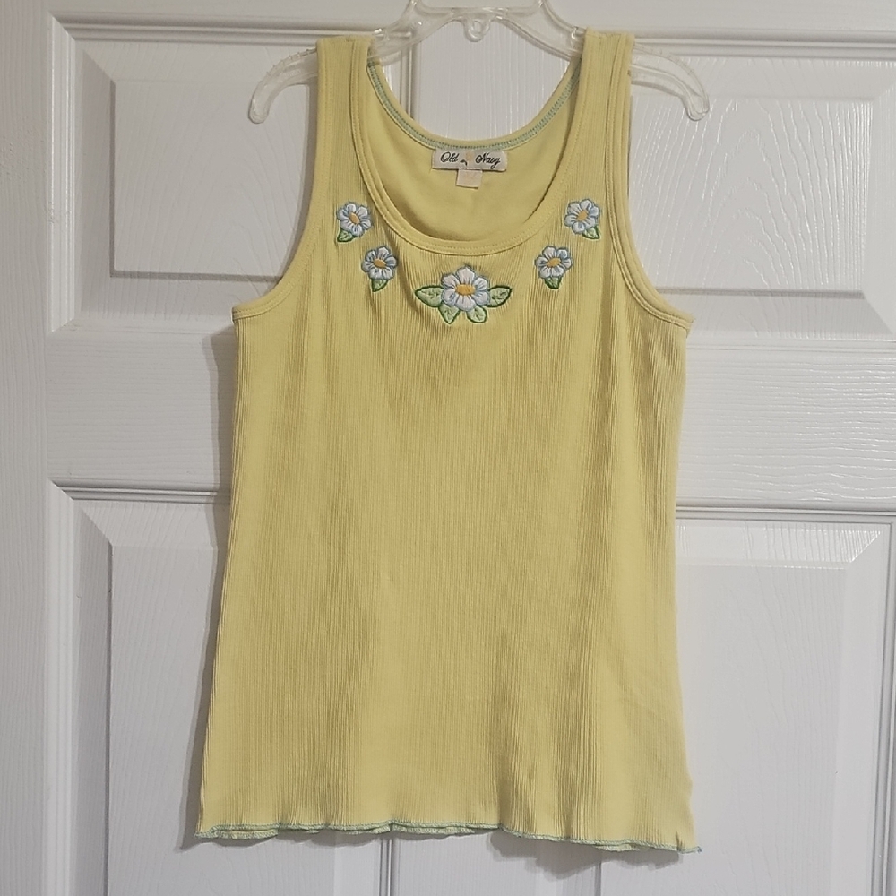 Old Navy Yellow Ribbed Tank with Embroidered Flowers